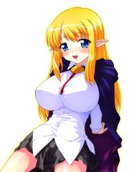 Rule 34 | 00s, 1girl, blonde hair, blue eyes, blush, breasts, cape, elf, female focus, gradient background, impossible clothes, impossible shirt, large breasts, long hair, non-web source, pointy ears, school uniform, shirt, skirt, solo, tiffania westwood, tim tim machine, zero no tsukaima