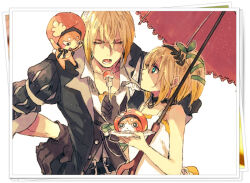 Rule 34 | 1boy, 1girl, black jacket, black vest, blonde hair, blue eyes, brother and sister, closed eyes, commentary request, dress, eating, edna (tales), eizen (tales), feeding, food, fork, holding, holding fork, jacket, looking at another, normin (tales), open mouth, red umbrella, short hair, siblings, sleeveless, sleeveless dress, tales of (series), tales of berseria, tokio (okt0w0), umbrella, upper body, vest, white background