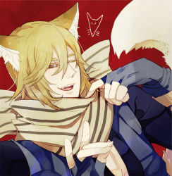 Rule 34 | 1boy, ;), animal ears, blue gloves, fang, fingerless gloves, fire emblem, fire emblem fates, fox ears, fox shadow puppet, fox tail, gloves, kaden (fire emblem), male focus, nintendo, one eye closed, open mouth, orange hair, portrait, red background, red eyes, scarf, smile, solo, tail, teeth, yukita819