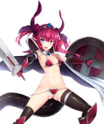 Rule 34 | 1girl, :d, armor, artistic error, ass, bikini, bikini armor, black thighhighs, blue eyes, breasts, broadsword, choker, curled horns, dragon girl, dragon tail, elizabeth bathory (brave) (fate), elizabeth bathory (fate), fang, fate/grand order, fate (series), hair ribbon, highres, holding, holding shield, holding sword, holding weapon, horns, long hair, looking at viewer, loose bikini, navel, open mouth, oversized clothes, pauldrons, pink hair, pointy ears, red armor, red bikini, ribbon, rui rubellent, shield, shoulder armor, small breasts, smile, solo, swimsuit, sword, tail, thighhighs, two side up, vambraces, wardrobe malfunction, weapon
