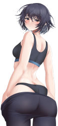 Rule 34 | 1girl, absurdres, amagami, ass, bare arms, bare shoulders, black eyes, black hair, black panties, black pants, black sports bra, blush, butt crack, from behind, highres, looking at viewer, looking back, nanasaki ai, oidoden2535, panties, pants, parted lips, short hair, simple background, sleeveless, sports bra, sweat, underwear, whale tail (clothing), white background