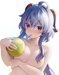 Rule 34 | 1girl, ahoge, areola slip, blue hair, blush, breasts, closed mouth, coconut, collarbone, completely nude, convenient censoring, drinking, drinking straw, eyebrows hidden by hair, ganyu (genshin impact), genshin impact, hair over breasts, hair over one breast, highres, holding, horns, long hair, looking at viewer, low ponytail, medium breasts, neit ni sei, nude, purple eyes, sidelocks, simple background, solo, upper body, white background