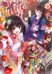 Rule 34 | 1boy, 1girl, apron, bad id, bad pixiv id, ball, bird, brown eyes, brown hair, cat, dog, floral print, flower, from above, glasses, hair ornament, highres, horse, indoors, japanese clothes, kanzashi, kimono, maid, needle, open mouth, original, rabbit, sewing, shop, sitting, tassel, temari ball, tottome, toy, wa maid
