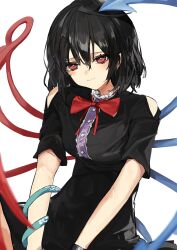Rule 34 | 1girl, asymmetrical wings, black dress, black hair, blue wings, bow, bowtie, center frills, closed mouth, clothing cutout, commentary request, dress, frills, highres, houjuu nue, looking at viewer, medium hair, pocche-ex, red bow, red bowtie, red eyes, red wings, short sleeves, shoulder cutout, simple background, snake, solo, touhou, upper body, white background, wings