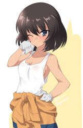 Rule 34 | 1girl, alternate eye color, blue eyes, blush, breasts, brown hair, cleavage, closed mouth, clothes around waist, collarbone, commentary request, cowboy shot, dark-skinned female, dark skin, dated, frown, girls und panzer, gloves, hand on own hip, hand on own face, highres, hoshino (girls und panzer), jumpsuit, kuzuryuu kennosuke, looking at viewer, mechanic, medium breasts, no bra, one-hour drawing challenge, one eye closed, orange jumpsuit, partial commentary, see-through, shirt, short hair, solo, standing, sweat, tank top, twitter username, uniform, white gloves, white shirt, yellow background