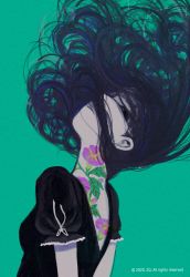 Rule 34 | 1girl, aqua background, black hair, black shirt, english text, floating hair, flower tattoo, highres, original, shirt, short sleeves, simple background, solo, tattoo, toktin zq, upper body