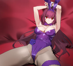 Rule 34 | 1girl, armpits, arms up, bow, bowtie, brown hair, fate/grand order, fate (series), flower ornament, leotard, long hair, lying, official alternate costume, pantyhose, playboy bunny, red eyes, satin, satin sheets, scathach (fate), scathach (piercing bunny) (fate), smile, solo, spread legs, thigh strap, wrist cuffs, yd (orange maru)