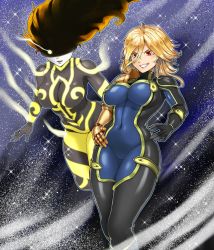 Rule 34 | 2girls, aura, blonde hair, bodysuit, breasts, curvy, dimaria yesta, dio brando, energy, evil grin, evil smile, fairy tail, glowing, glowing eyes, grin, hair between eyes, hands on own hips, hands on own hip, highres, huge breasts, jojo no kimyou na bouken, large breasts, long hair, magic, mechanical arms, multiple girls, navel, power, red eyes, short hair, sky, smile, source request, stand (jojo), star (sky), tagme, the golden smurf, thick thighs, thighs