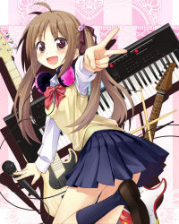 Rule 34 | 1girl, :d, ahoge, amagai tarou, blush, brown eyes, brown hair, drumsticks, electric guitar, guitar, headphones, headphones around neck, highres, instrument, keyboard (instrument), long hair, looking at viewer, looking back, microphone, open mouth, original, outstretched arm, pleated skirt, school uniform, shadow, skirt, smile, solo, twintails, v, wide-eyed