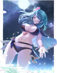 Rule 34 | 1girl, 23@5, bikini, black bikini, blue eyes, blue hair, breasts, byleth (female) (fire emblem), byleth (female) (summer) (fire emblem), byleth (fire emblem), capelet, commentary request, cowboy shot, fire emblem, fire emblem: three houses, fire emblem heroes, flower, full moon, grin, groin, hair flower, hair ornament, highres, holding, holding flower, large breasts, long hair, looking at viewer, moon, navel, nintendo, official alternate costume, reaching, reaching towards viewer, smile, solo, standing, stomach, swimsuit, thighs, white flower