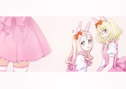 Rule 34 | 3girls, andou (girls und panzer), animal ears, april tada, beige background, blonde hair, blurry, blurry foreground, bow, collared shirt, comic, dark-skinned female, dark skin, depth of field, dress, drill hair, easter, fake animal ears, frilled dress, frills, from side, girls und panzer, green eyes, hair bow, lace, lace-trimmed dress, lace trim, large bow, letterboxed, light frown, long hair, looking at another, looking back, marie (girls und panzer), medium hair, messy hair, multiple girls, notice lines, open mouth, oshida (girls und panzer), pink dress, pink legwear, puffy short sleeves, puffy sleeves, rabbit ears, red bow, shirt, short dress, short sleeves, silent comic, smile, standing, striped clothes, striped legwear, striped thighhighs, thighhighs, white shirt