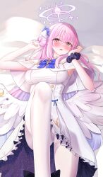 Rule 34 | 1girl, absurdres, angel wings, black scrunchie, blue archive, blush, bow legwear, breasts, capelet, daran9, dress, feathered wings, flower, gradient hair, hair bun, hair flower, hair ornament, halo, highres, large breasts, long hair, looking at viewer, low wings, mika (blue archive), multicolored hair, open mouth, pantyhose, pink hair, scrunchie, single side bun, solo, very long hair, white capelet, white dress, white pantyhose, white wings, wing ornament, wings, wrist scrunchie, yellow eyes