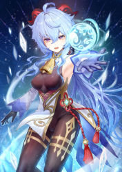 Rule 34 | 1girl, ahoge, armpits, bare shoulders, bell, black gloves, black legwear, blue hair, bodystocking, bodysuit, bow, breasts, chinese knot, clothes lift, detached sleeves, flower knot, ganyu (genshin impact), genshin impact, gloves, gold trim, groin, highres, horns, ice shard, isome, long hair, looking at viewer, low ponytail, magic, medium breasts, neck bell, open mouth, orb, pelvic curtain, pelvic curtain lift, purple eyes, raised eyebrows, red rope, rope, sidelocks, solo, standing, tassel, thighlet, thighs, vision (genshin impact), waist cape, white sleeves, wind, wind lift