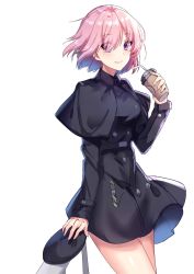 Rule 34 | 1girl, arm support, bendy straw, black capelet, black coat, blush, capelet, closed mouth, coat, cup, disposable cup, drinking glass, drinking straw, eyes visible through hair, fate/grand order, fate (series), fingernails, hair over one eye, holding, holding cup, long sleeves, mash kyrielight, mash kyrielight (traveling outfit), official alternate costume, pink hair, purple eyes, shanguier, short hair, simple background, smile, solo, standing, white background