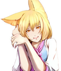 Rule 34 | 1girl, animal ears, blonde hair, blush, dearmybrothers, female focus, fox ears, highres, looking at viewer, no headwear, open mouth, short hair, simple background, smile, solo, touhou, upper body, white background, yakumo ran, yellow eyes