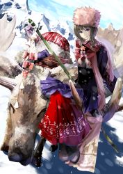 Rule 34 | 1girl, animal, blue eyes, brown hair, chef no kimagure salad, female focus, full body, fur, fur hat, hat, long hair, mikipuruun no naegi, outdoors, purple eyes, scarf, sitting, skirt, sky, snow, snowing, solo, traditional clothes