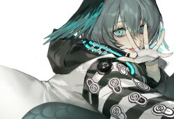 Rule 34 | 1girl, aqua eyes, aqua nails, aqua wings, arknights, bags under eyes, coat, feathered wings, fingerless gloves, fingernails, forked tongue, gloves, grey hair, hair between eyes, head wings, highres, ho&#039;olheyak (arknights), ke shi yinhe, long coat, long sleeves, looking at viewer, lying, on stomach, open clothes, open coat, open hand, scales, sharp fingernails, short hair, sidelocks, snake tail, solo, tail, tongue, tongue out, upper body, white background, white gloves, wings