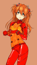 Rule 34 | 00s, 1girl, bad id, bad pixiv id, blue eyes, blush, bodysuit, brown background, covered navel, evangelion: 2.0 you can (not) advance, hair ornament, khr, long hair, looking at viewer, md5 mismatch, multicolored clothes, navel, neon genesis evangelion, orange hair, plugsuit, rebuild of evangelion, red bodysuit, see-through, see-through bodysuit, shiny clothes, simple background, skin tight, smile, solo, souryuu asuka langley, standing, test plugsuit, very long hair