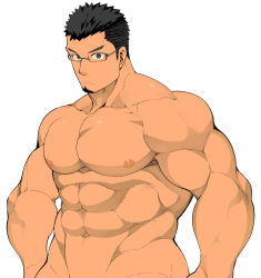 Rule 34 | 1boy, abs, bara, black hair, completely nude, cowboy shot, facial hair, glasses, goatee, highres, large pectorals, looking at viewer, male focus, muscular, muscular male, naop (anything), navel, nude, original, out-of-frame censoring, pectorals, pov, simple background, solo focus, thighs, white background