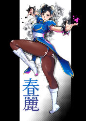 Rule 34 | 1girl, ass, black hair, blush, boots, bracelet, breasts, bun cover, capcom, china dress, chinese clothes, chun-li, closed mouth, commentary, cross-laced footwear, double bun, dress, earrings, fer yoshimiya, fighting stance, full body, gold trim, grey eyes, hair bun, hair ornament, highres, jewelry, knee boots, lace-up boots, leg up, lips, looking at viewer, makeup, medium breasts, pantyhose, pelvic curtain, puffy short sleeves, puffy sleeves, red lips, shiny clothes, shiny skin, short sleeves, simple background, skin tight, smile, solo, spiked bracelet, spikes, street fighter, street fighter ii (series), white footwear