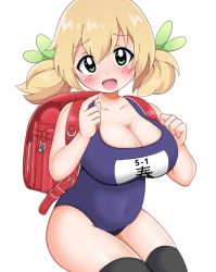 Rule 34 | 1girl, artist request, backpack, bag, black thighhighs, blonde hair, blue one-piece swimsuit, breasts, cleavage, collarbone, green eyes, green ribbon, hair ornament, hair ribbon, large breasts, looking at viewer, name tag, one-piece swimsuit, open mouth, oppai loli, out of frame, plump, randoseru, ribbon, school swimsuit, smile, solo, swimsuit, thighhighs, twintails, white background