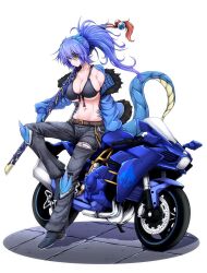 Rule 34 | 1girl, annes (g (genesis1556)), belt, bikini, bikini top only, black bikini, black footwear, blue eyes, blue hair, blue jacket, breasts, brown belt, claws, cleavage, closed mouth, collarbone, commentary, denim, dragon girl, dragon horns, dragon tail, eyepatch, front-tie bikini top, front-tie top, full body, fur-trimmed jacket, fur trim, g (genesis1556), groin, hair between eyes, high ponytail, highres, horns, jacket, jeans, large breasts, long hair, long sleeves, looking at viewer, monster girl, motor vehicle, motorcycle, navel, off shoulder, on motorcycle, ootachi, open clothes, open jacket, original, pants, ponytail, scales, scar, scar across eye, shadow, sheath, sheathed, shoes, sidelocks, simple background, single bare shoulder, sitting, solo, stitches, stomach, swimsuit, tail, torn clothes, torn jeans, torn pants, white background