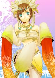 Rule 34 | 1girl, baggy pants, bare shoulders, brown hair, detached sleeves, fashi sanzang, female focus, gradient background, green eyes, hat, jewelry, logicon, musou orochi, musou orochi 2, necklace, pants, short hair, solo, strapless, tube top