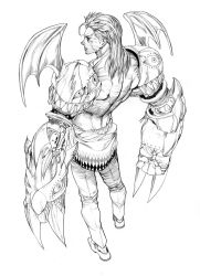 Rule 34 | 1boy, absurdres, armor, back, claw (weapon), clenched hands, closed mouth, eyeball, fake wings, greyscale, hatching (texture), heo sung-moo, highres, male focus, medium hair, monochrome, original, pauldrons, sharp teeth, topless male, shoulder armor, simple background, solo, standing, teeth, veins, weapon, white background, wings