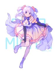 Rule 34 | 1girl, black gloves, blue bow, blue eyes, blue footwear, blue hair, boots, bow, breasts, cleavage, dress, earrings, fingerless gloves, gloves, high heel boots, high heels, highres, jewelry, light blue hair, long hair, looking at viewer, magia record: mahou shoujo madoka magica gaiden, magical girl, mahou shoujo madoka magica, medium breasts, minami rena, multicolored clothes, multicolored dress, paru rari, smile, solo, soul gem, strapless, strapless dress, striped clothes, striped dress, thighhighs, two side up, white thighhighs