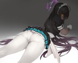 Rule 34 | 1girl, absurdres, ahoge, apron, ass, black dress, black hair, blue archive, breasts, cameltoe, commentary request, dark-skinned female, dark skin, dress, frilled apron, frills, from behind, gloves, glowing, glowing eyes, gradient background, gradient hair, grey background, halo, highres, karin (blue archive), long hair, looking at viewer, looking back, lying, maid, maid apron, maid headdress, multicolored hair, on stomach, panties, panties under pantyhose, pantyhose, pantylines, pleated dress, pleated skirt, puffy short sleeves, puffy sleeves, purple hair, short sleeves, simple background, skirt, solo, thighs, underwear, urrrt, very long hair, white apron, white gloves, white panties, white pantyhose, yellow eyes