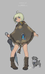 Rule 34 | 1girl, ahoge, bare legs, blue eyes, boots, closed umbrella, crystal, dog, female focus, full body, goggles, goggles around neck, green hair, grey background, jewelry, kkuem, necklace, pigeon-toed, poncho, short hair, simple background, solo, umbrella
