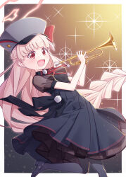 Rule 34 | 1girl, :d, black dress, black footwear, black pantyhose, blue archive, braid, collared dress, commentary request, dress, grey hat, halo, harada (sansei rain), hat, highres, holding, holding instrument, instrument, light brown hair, long hair, looking at viewer, neck ribbon, nodoka (blue archive), open mouth, pantyhose, peaked cap, pleated dress, puffy short sleeves, puffy sleeves, red eyes, red ribbon, ribbon, see-through, see-through sleeves, shoes, short sleeves, single braid, sleeveless, sleeveless dress, smile, solo, standing, standing on one leg, trumpet, very long hair