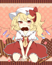 Rule 34 | 1girl, ascot, between legs, blonde hair, blush, bow, candy, chocolate, chocolate heart, fang, female focus, flandre scarlet, food, hand between legs, hat, heart, heart-shaped pupils, highres, monako (uma speech), mouth hold, puffy short sleeves, puffy sleeves, red eyes, short hair, short sleeves, side ponytail, skirt, slit pupils, smile, solo, symbol-shaped pupils, touhou, v arms, valentine, wings
