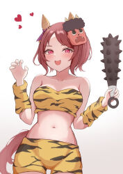 Rule 34 | 1girl, animal ears, bare shoulders, blush, bob cut, breasts, brown hair, claw pose, club, club (weapon), collarbone, commentary request, cropped legs, detached sleeves, ear covers, elbow sleeve, fingernails, flower in eye, forehead, hands up, heart, hojichabu, holding, holding weapon, horse ears, horse girl, horse tail, looking at viewer, mask, medium breasts, midriff, navel, oni costume, oni mask, open mouth, pants, parted bangs, partial commentary, pink eyes, sakura laurel (oni laurel) (umamusume), sakura laurel (umamusume), short hair, simple background, smile, solo, spiked club, stomach, strapless, symbol-shaped pupils, symbol in eye, tail, tube top, umamusume, umamusume: star blossom, v-shaped eyebrows, weapon, white background, yellow pants, yellow tube top