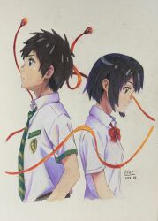 Rule 34 | 1boy, 1girl, absurdres, artist name, back-to-back, black hair, bow, bowtie, closed mouth, collared shirt, colored pencil (medium), commentary, commentary request, cropped torso, dated, dress shirt, english commentary, green necktie, highres, kimi no na wa., making-of available, mixed-language commentary, miyamizu mitsuha, necktie, p.art, red bow, red bowtie, school uniform, shirt, short hair, short sleeves, simple background, string, string of fate, striped necktie, tachibana taki, traditional media, upper body