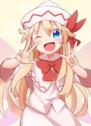 Rule 34 | 1girl, ;d, blonde hair, blue eyes, bow, bowtie, capelet, commentary, double w, fairy wings, hair between eyes, hat, hat bow, highres, lily white, long hair, looking at viewer, one eye closed, open mouth, red bow, red bowtie, shirt, skirt, skirt set, smile, solo, star (symbol), touhou, w, white capelet, white shirt, white skirt, wide sleeves, wings, yutamaro