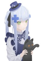 Rule 34 | absurdres, animal, apron, black apron, black bow, black ribbon, blunt bangs, bow, bowtie, cat, checkered bow, checkered clothes, commentary request, cross hair ornament, dress, eyebrows, facial mark, facial tattoo, frilled apron, frills, girls&#039; frontline, green eyes, hair ornament, hair ribbon, highres, hk416 (black kitty&#039;s gift) (girls&#039; frontline), hk416 (girls&#039; frontline), holding, holding animal, holding cat, long sleeves, looking to the side, official alternate costume, paw up, ponytail, ribbon, side ponytail, sidelocks, silver hair, simple background, tattoo, teardrop, teardrop tattoo, two-tone bow, white background, white bow, white dress, yueyue no hand
