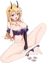 Rule 34 | 1girl, ahoge, azur lane, bad id, bad pixiv id, bare legs, bikini, bikini pull, black gloves, blonde hair, blush, breasts, candy, candy wrapper, chupa chups, clothes pull, covering privates, covering crotch, cross hair ornament, flower, food, food insertion, gloves, hair flower, hair ornament, highres, horns, kumano (azur lane), kumano (fancy waves) (azur lane), large breasts, lollipop, long hair, multi-strapped bikini bottom, object insertion, off-shoulder bikini, off shoulder, oni horns, open mouth, purple eyes, saliva, sharp teeth, shengtian, simple background, single glove, solo, spread legs, swimsuit, teeth, tongue, tongue out, white background