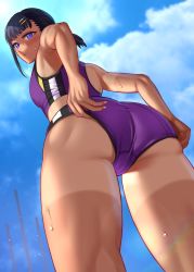 Rule 34 | 1girl, :/, absurdres, adjusting clothes, ass, bikini, black hair, blue eyes, blue sky, blush, breasts, crotch seam, day, dripping, expressionless, foreshortening, from behind, from below, hair ornament, hairclip, highres, lens flare, looking at viewer, looking back, original, outdoors, ponytail, purple bikini, short ponytail, single sidelock, sky, small breasts, solo, sports bikini, standing, sweat, swimsuit, tan, toin (iitoin), track and field, track uniform