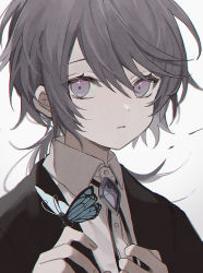 Rule 34 | 1boy, androgynous, bug, butterfly, eyebrows hidden by hair, grey eyes, grey hair, grey vest, highres, insect, long hair, long sleeves, looking at viewer, low ponytail, male focus, namiki itsuki, open mouth, original, parted lips, shirt, simple background, solo, vest, white background, white shirt