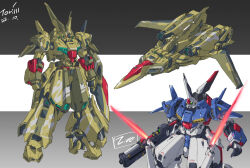 Rule 34 | alternate form, arms at sides, beam rifle, beam saber, black background, clenched hands, dated, energy gun, extra arms, fusion, green eyes, grey background, gun, gundam, holding, holding gun, holding sword, holding weapon, looking ahead, mobile suit, multicolored background, niao san shi, no humans, red eyes, redesign, science fiction, signature, spacecraft, standing, starfighter, sword, the o (mobile suit), weapon, white background, zeta gundam, zeta gundam (mobile suit)