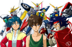 3boys after_war_gundam_x black_hair blue_eyes brown_hair buster_rifle crossover domon_kasshu energy_gun g_gundam garrod_ran gloves green_eyes green_hair gun gundam gundam_wing gundam_x headband heero_yuy holding holding_gun holding_weapon jacket long_hair looking_at_viewer male_focus mecha mechanical_wings mobile_suit multiple_boys no_humans official_art robot science_fiction shining_gundam shirt short_hair smile tank_top tokita_kouichi upper_body v-fin weapon white_background wing_gundam wings