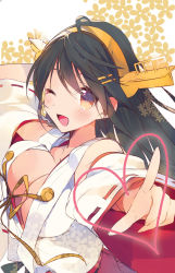 Rule 34 | 10s, ;d, arm behind head, bad id, bad pixiv id, black hair, blush, breasts, brown eyes, cleavage, detached sleeves, flower, grey hair, haruna (kancolle), headgear, heart, kantai collection, large breasts, long hair, nontraditional miko, one eye closed, open mouth, pointing, smile, solo, tsunekawa niwasuke