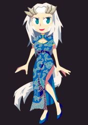 Rule 34 | 1girl, black background, breasts, china dress, chinese clothes, cleavage, cleavage cutout, clothing cutout, commentary, dark souls (series), dark souls i, dress, green eyes, high heels, large breasts, priscilla the crossbreed, setz, smile, tail, white hair