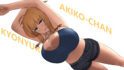 Rule 34 | against fourth wall, armpits, arms up, blonde hair, breast press, breasts, bright pupils, camisole, character name, cleavage, crop top, fang, groin, highres, huge breasts, medium hair, midriff, mole, mole on breast, mole on cheek, nao (ritsancrossover), navel, open mouth, original, shorts, simple background, smile, white background, yellow eyes