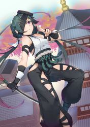 Rule 34 | 1girl, architecture, black hakama, breasts, building, east asian architecture, eyepatch, fate/grand order, fate (series), gradient hair, green hair, hakama, hakama pants, highres, hip vent, holding, holding sword, holding weapon, japanese clothes, long hair, low twintails, mochizuki chiyome (fate), multicolored hair, nakaga eri, pants, purple eyes, purple hair, short sword, sleeveless, small breasts, solo, sword, twintails, very long hair, wakizashi, weapon
