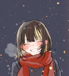 Rule 34 | 1girl, anam95, black hair, black jacket, blonde hair, blush, closed eyes, commentary, dark background, dot nose, ear blush, eyelashes, grin, highres, idolmaster, idolmaster shiny colors, ikaruga luca, jacket, multicolored hair, red scarf, scarf, short hair, smile, snowing, solo, steam, symbol-only commentary, two-tone hair, upper body