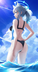 Rule 34 | 1girl, absurdres, animal ear fluff, animal ears, arm at side, ass, backless swimsuit, bare arms, bare back, bare shoulders, blue archive, blue eyes, blue sky, blush, breasts, bright pupils, cloud, cloudy sky, competition swimsuit, contrail, contrapposto, cowboy shot, cross hair ornament, day, extra ears, grey hair, hair ornament, halo, hand on own hip, highres, lens flare, looking back, median furrow, medium breasts, medium hair, one-piece swimsuit, outdoors, parted lips, ponytail, rianya07, shiroko (blue archive), shiroko (swimsuit) (blue archive), shoulder blades, sidelocks, sky, solo, sunlight, swimsuit, thighs, two-tone swimsuit, wading, wet, white pupils, x hair ornament