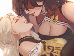 Rule 34 | 2girls, beidou (genshin impact), breasts, brown hair, cleavage, closed eyes, closed mouth, eyepatch, genshin impact, glutentag, happy, large breasts, multiple girls, ningguang (genshin impact), open mouth, teeth, upper teeth only, white hair, yuri