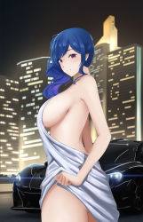 Rule 34 | 1girl, azur lane, backless dress, backless outfit, bare shoulders, blue hair, breasts, building, car, cityscape, dress, earrings, evening gown, from side, gan-viking, grey dress, halter dress, halterneck, highres, jewelry, large breasts, looking at viewer, mclaren, mclaren p1, motor vehicle, plunging neckline, purple eyes, revealing clothes, side ponytail, sideboob, sidelocks, silver dress, skyscraper, st. louis (azur lane), st. louis (luxurious wheels) (azur lane), thighs